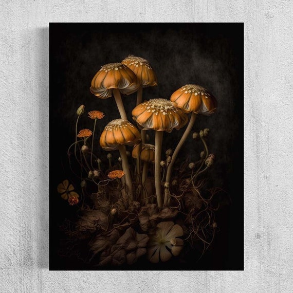 Original Mini Mushroom Painting on Black Canvas 