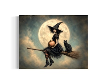 May include: A digital illustration of a figure wearing a black pointed hat and dress, sitting on a wooden broomstick. The figure holds an orange pumpkin, accompanied by a black cat. The background features a large, bright full moon in a cloudy sky.