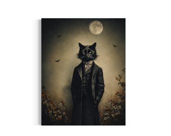 May include: A vertical wall art print featuring a black cat with a human-like posture, wearing a dark coat and a light-colored cravat. The cat stands in a field of dark flowers under a full moon and a night sky with small flying bats.