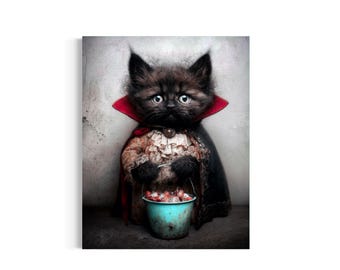 May include: A fluffy black kitten dressed in a vampire costume with a high red-collared black cape and a ruffled beige lace shirt. The kitten holds a small, weathered teal bucket filled with red candies, looking forward with large, expressive eyes.