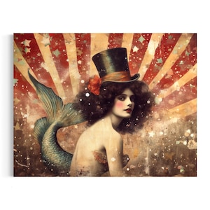 Vintage Mermaid Print, Siren Oil Painting, Circus Poster Aesthetic, Retro Sideshow, Whimsical Chic Assemblage, Eclectic Wall Decor 48RD