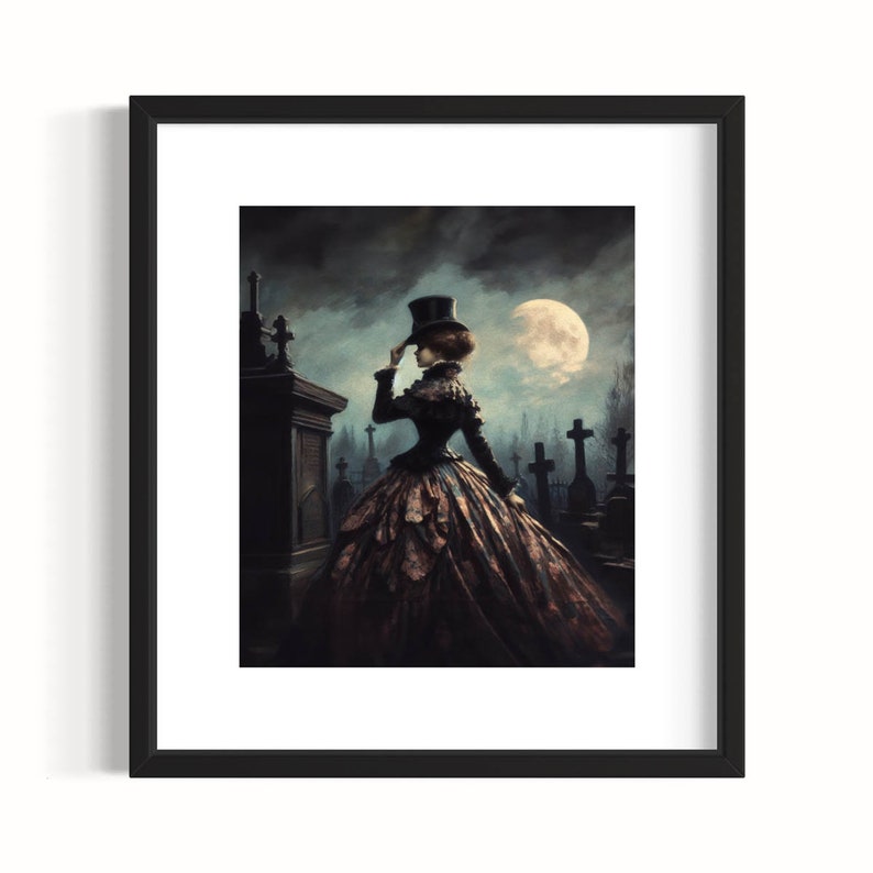 Gothic Victorian Woman Portrait, New Orleans Cemetery Full Moon, Moody Dark Oil Painting, Dark Academia, Witch Vampire Aesthetic 46RD image 2