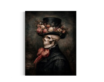 May include: A human skull wearing a black top hat adorned with a cluster of pink, white, and red roses. The skull is dressed in a dark coat with a high collar and a prominent red necktie, set against a dark, moody, and textured background.