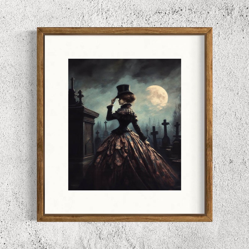 Gothic Victorian Woman Portrait, New Orleans Cemetery Full Moon, Moody Dark Oil Painting, Dark Academia, Witch Vampire Aesthetic 46RD image 4