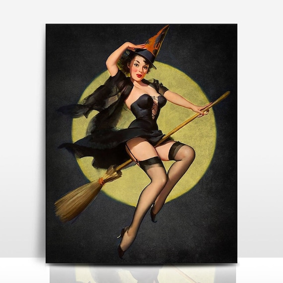 Vintage Halloween Sexy Pin Up Midnight Witch 1950 s Retro Pin up Witch Full Moon Silhouette Flying Witch Spooky Season Decor Gil Elvgren
