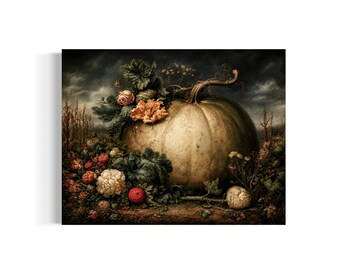 May include: A large, pale, round pumpkin sits amidst a dark, moody landscape. It is surrounded by a cluster of vibrant flowers, including orange, white, and red blossoms, along with deep green foliage, all set against a stormy, overcast sky.