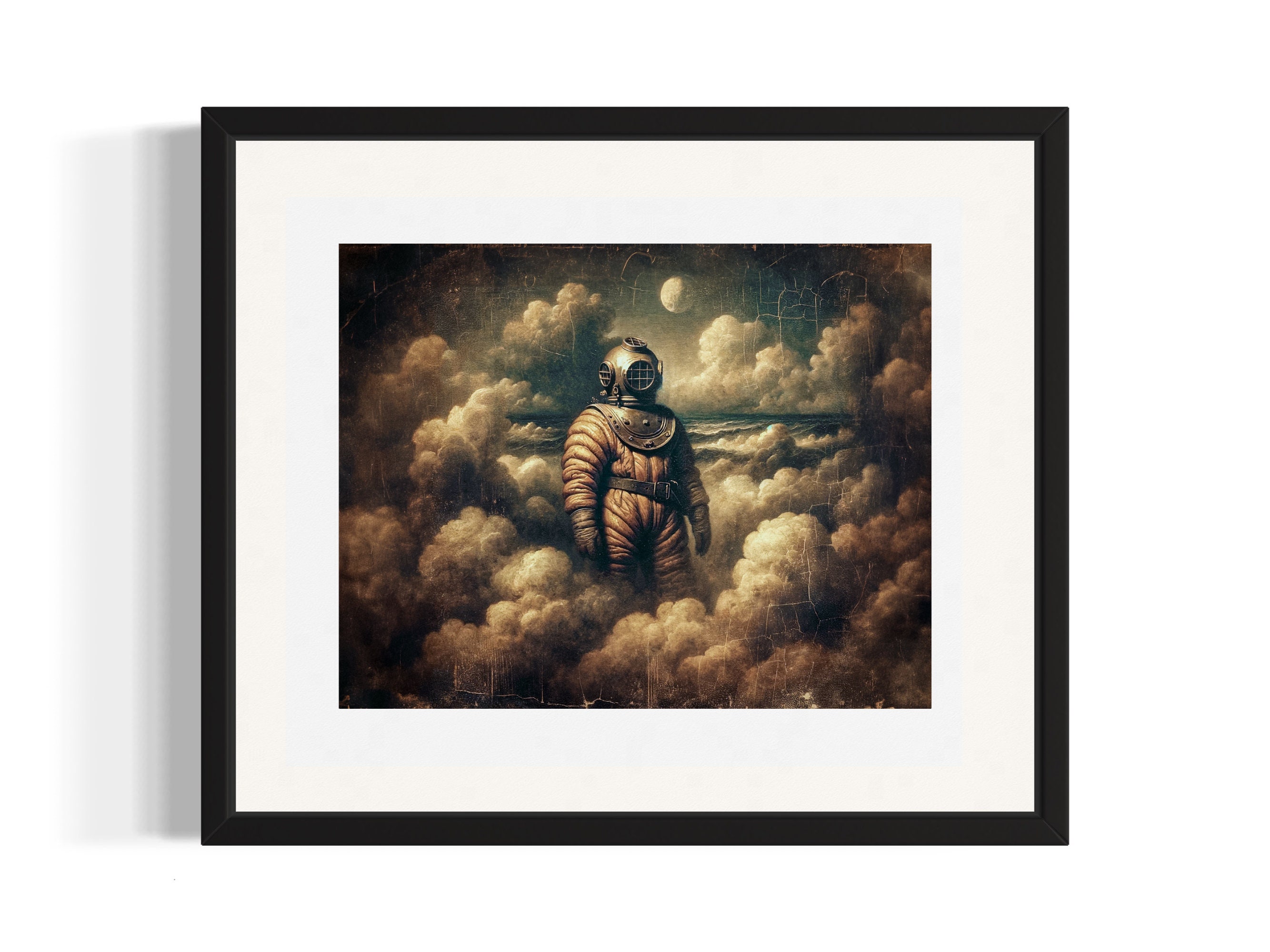 Surreal Deep Sea Diver Artwork, Moody Clouds Wall Decor, Nautical Ocean ...