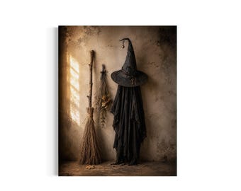 May include: A black pointed hat with a small metal charm, a dark flowing fabric garment, and a bundle of dried herbs hanging next to a rustic wooden broomstick with straw bristles. The items are arranged against a textured, weathered wall.