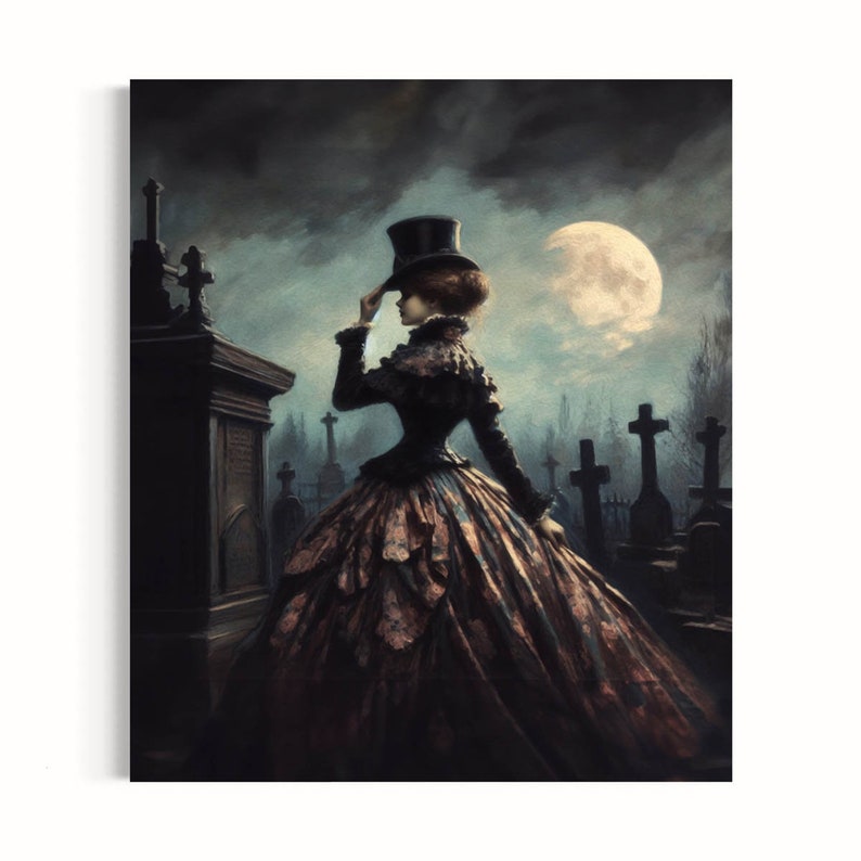 macabre art print of beautiful moody woman in Victorian dress and top hat walking through New Orleans cemetery in the full moon