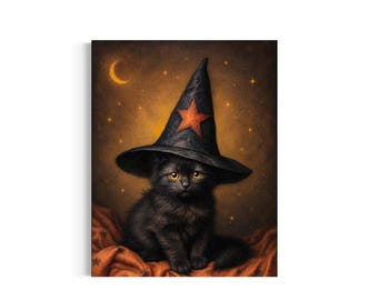 May include: A digital illustration of a fluffy black kitten wearing a large, pointed black witch hat with an orange star. The kitten has bright yellow eyes and sits on an orange fabric surface against a dark, starry night sky with a crescent moon.