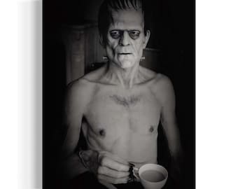 Frankenstein Having Cup of Tea Print | Horror Movie Black and White Vintage Photograph, Boris Karloff, Gothic Halloween Old Hollywood RD101