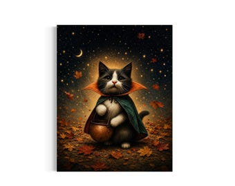 May include: A black and white cat wearing a green cape with an orange collar, holding a small copper-colored bucket. The cat stands on a ground covered in fallen autumn leaves under a dark night sky filled with glowing stars and a crescent moon.