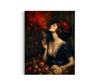 May include: A portrait of a person with auburn hair adorned with a red flower, wearing a dark blue dress with lace trim. They hold a small red fruit, with a cloud of red particles and smoke rising from it, surrounded by pomegranates and foliage.