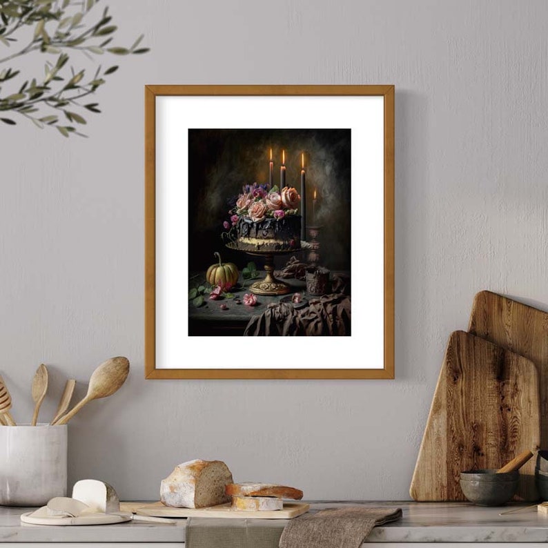 May include: A dark chocolate cake decorated with pink and purple roses, surrounded by candles and a small pumpkin. The cake is on a gold stand and the scene is set against a dark background.