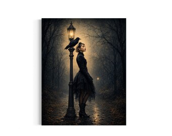 May include: A person in a black dress and boots stands beside a tall, lit street lamp in a dark, wooded area. A black raven is perched on the lamp post. The scene is set on a path with fallen leaves, illuminated by the warm glow of the lamp.