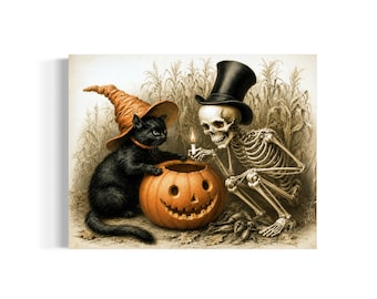 May include: A black cat wearing an orange witch hat sits beside a carved orange pumpkin. A human skeleton wearing a black top hat crouches next to the pumpkin, holding a small lit candle. The scene is set against a background of dried corn stalks.