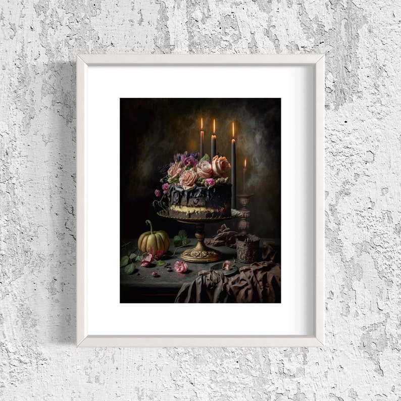 May include: A dark chocolate cake decorated with pink and purple flowers, lit by three black candles. The cake is on a gold cake stand and a small pumpkin sits on the table next to it.