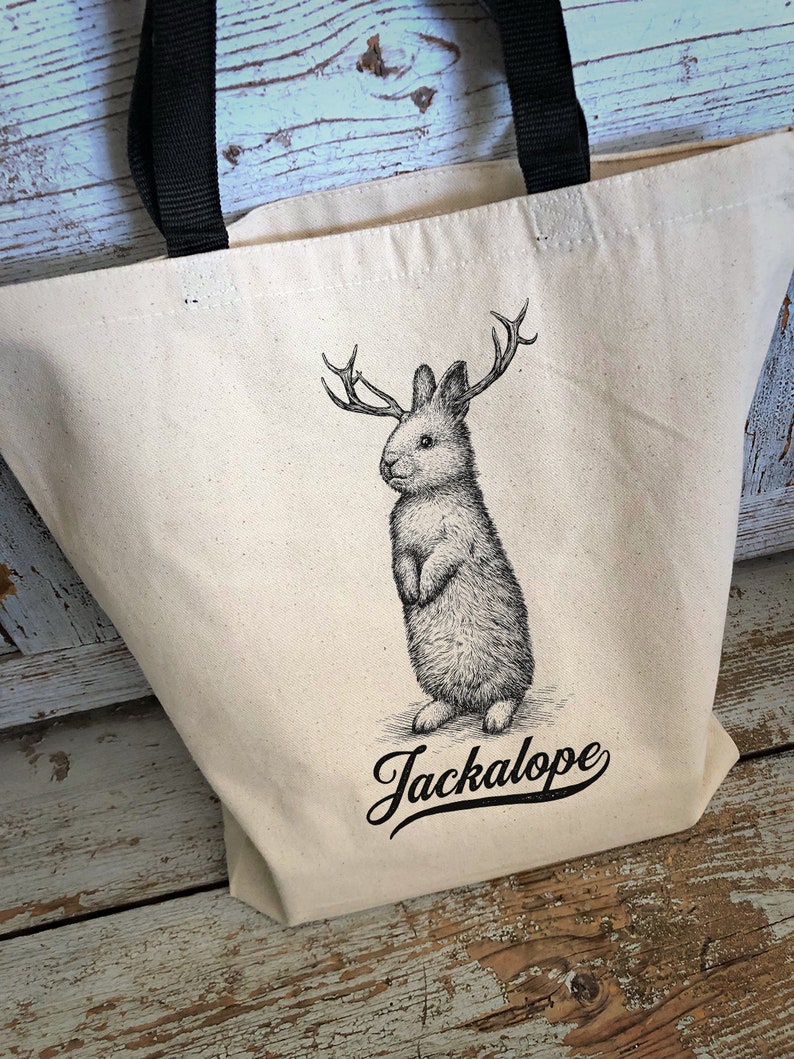 Mythical Creature Canvas Tote with Black Handles Jackalope Folklore