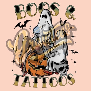 Boos & Tattoos PNG, Halloween Tattoo Png, Ghost Png, Ghost Clipart, Tattoo Clipart para DTF o impresión de camisas, Sublimación de Halloween, ¡Solo PNG!