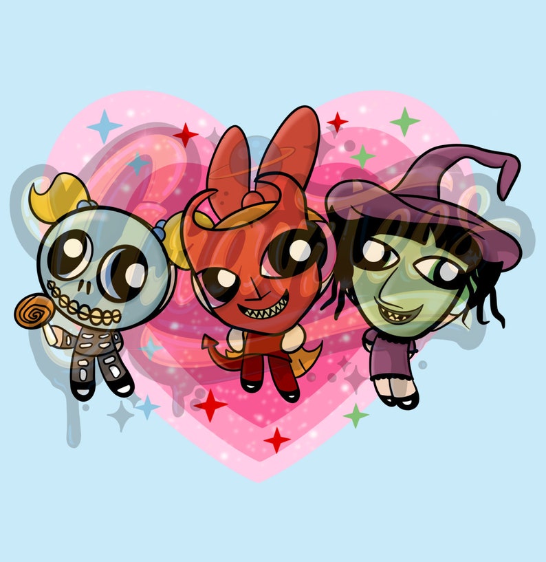 Pu&ograve; includere: Illustrazione di tre personaggi dei cartoni animati: uno scheletro, un diavolo e una strega. I personaggi sono ambientati su uno sfondo rosa a forma di cuore con stelle e vortici. Lo scheletro tiene in mano un lecca-lecca.