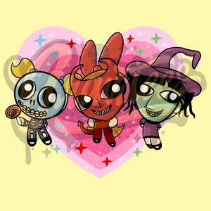 Pu&ograve; includere: Illustrazione di tre personaggi dei cartoni animati con grandi occhi e tratti esagerati. Uno &egrave; uno scheletro, uno un diavolo e uno una strega. Sono ambientati su uno sfondo a forma di cuore rosa con stelle e vortici.