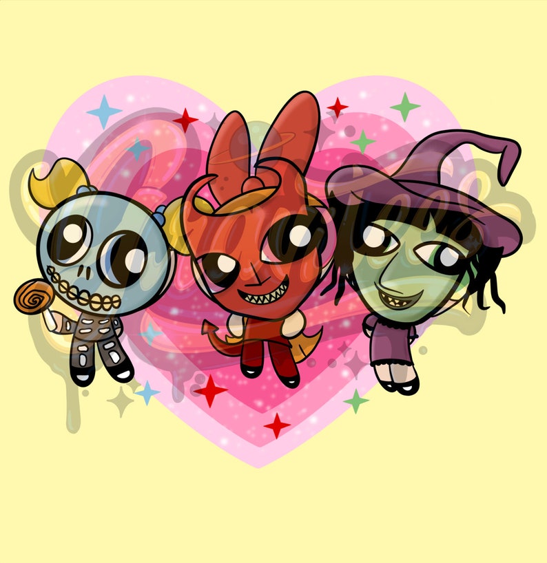 Pu&ograve; includere: Illustrazione di tre personaggi dei cartoni animati con grandi occhi e tratti esagerati. Uno &egrave; uno scheletro, uno un diavolo e uno una strega. Sono ambientati su uno sfondo a forma di cuore rosa con stelle e vortici.