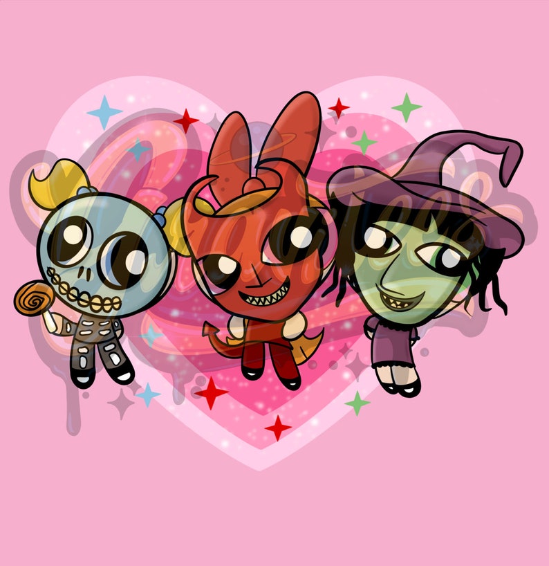 Pu&ograve; includere: Illustrazione di tre personaggi dei cartoni animati con tratti esagerati. Uno &egrave; uno scheletro, un altro un diavolo e il terzo una strega. Sono ambientati su uno sfondo rosa a forma di cuore con stelle e vortici. I personaggi hanno grandi occhi e sorridono.