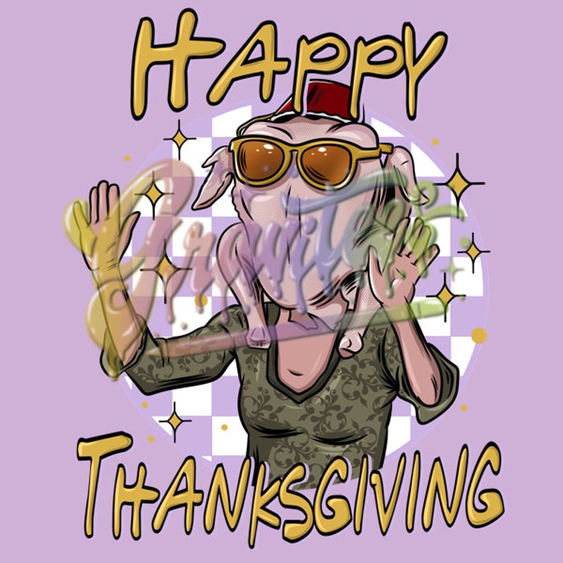 Op de afbeelding: Een cartoonillustratie van een kalkoen met een kerstmanmuts en zonnebril, met de tekst "HAPPY THANKSGIVING" in gele letters.