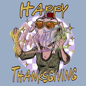 Op de afbeelding: Een cartoonillustratie van een kalkoen met een zonnebril en een kerstmanmuts, met de tekst "HAPPY THANKSGIVING" in gele letters.