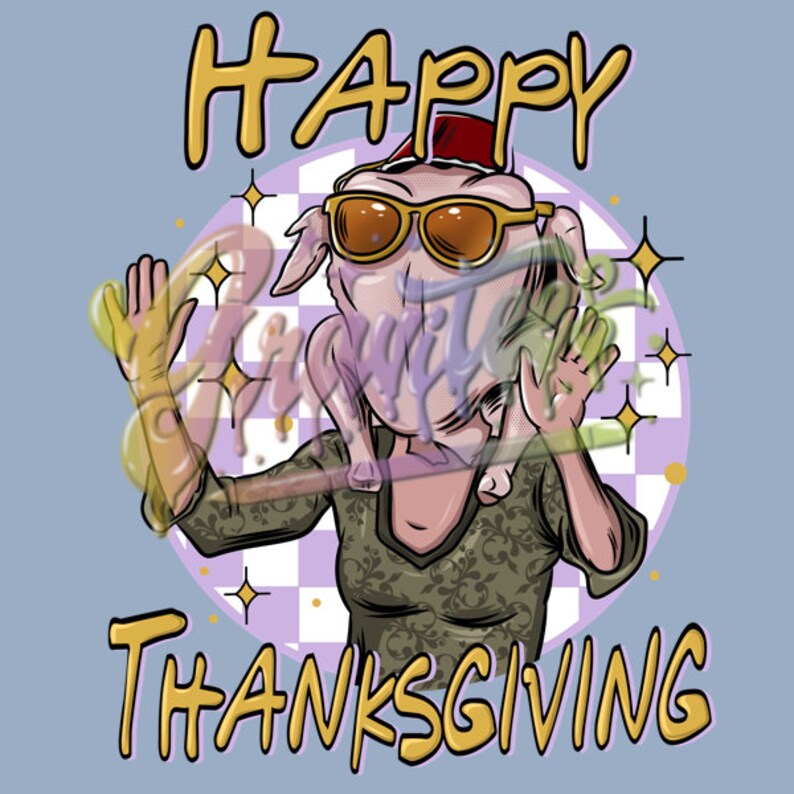 Op de afbeelding: Een cartoonillustratie van een kalkoen met een zonnebril en een kerstmanmuts, met de tekst "HAPPY THANKSGIVING" in gele letters.