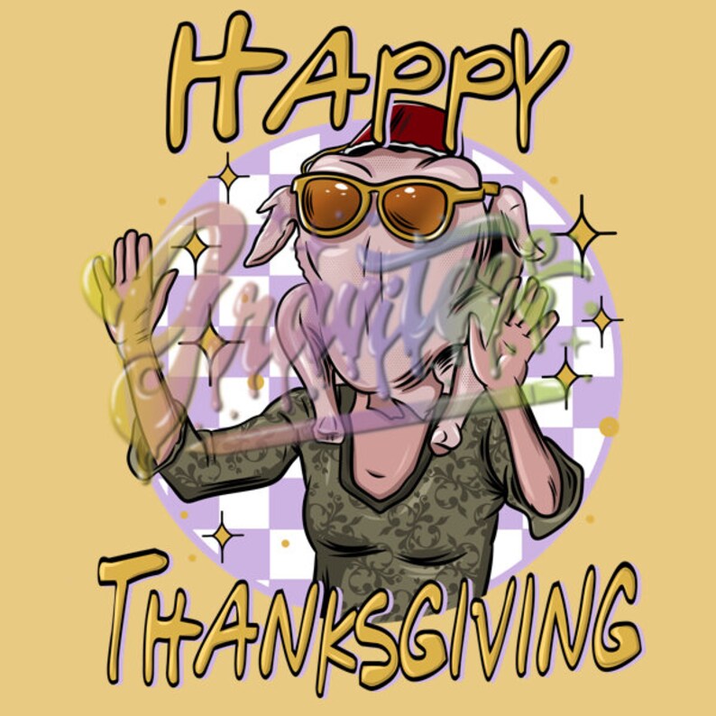 Op de afbeelding: Een cartoonillustratie van een kalkoen met een kerstmanmuts en zonnebril, met de tekst "HAPPY THANKSGIVING" in gele letters.