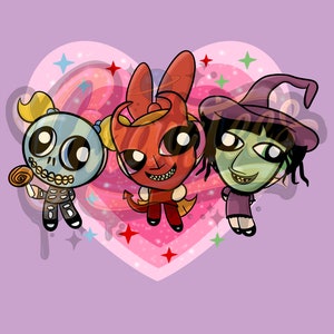 Pu&ograve; includere: Illustrazione di tre personaggi dei cartoni animati: uno scheletro, un diavolo e una strega. I personaggi sono ambientati su uno sfondo rosa a forma di cuore con stelle e vortici. Lo scheletro tiene in mano un lecca-lecca. Il diavolo ha le corna e la coda. La strega indossa un cappello viola.