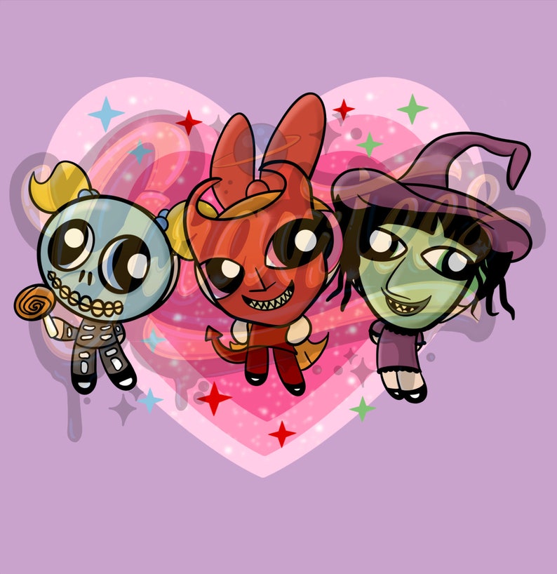 Pu&ograve; includere: Illustrazione di tre personaggi dei cartoni animati: uno scheletro, un diavolo e una strega. I personaggi sono ambientati su uno sfondo rosa a forma di cuore con stelle e vortici. Lo scheletro tiene in mano un lecca-lecca. Il diavolo ha le corna e la coda. La strega indossa un cappello viola.