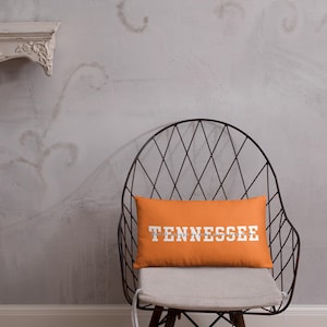 May include: An orange rectangular cushion with the word "TENNESSEE" in white block letters. The cushion is on a metal chair with a diamond pattern. The background is a textured grey wall.
