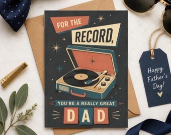 Record Player Card, Father's Day, Vintage Music Lover, Greeting Card for Daddy, Music Dad Gift, Dad Birthday Card
