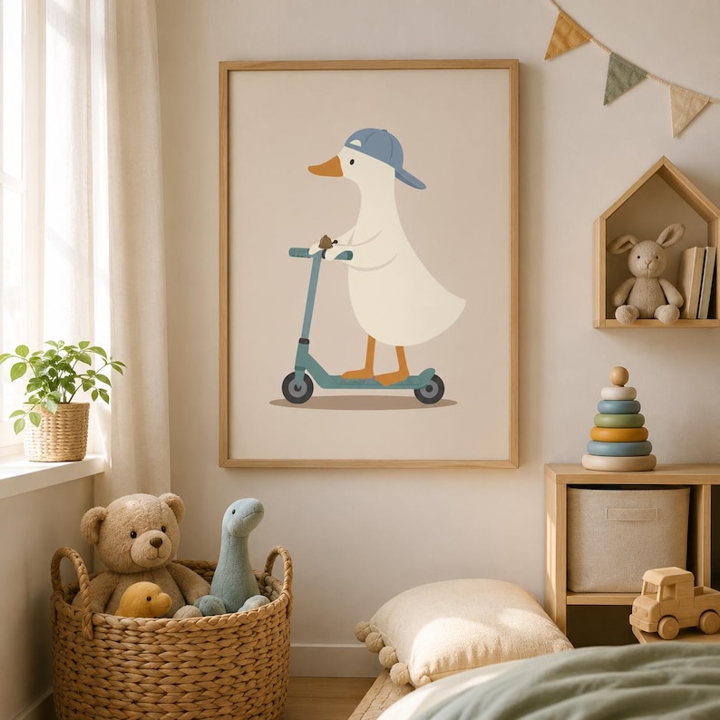 May include: A framed wall art print featuring a white duck wearing a blue baseball cap while riding a blue kick scooter. The illustration is set against a solid light beige background, showcasing the duck in profile with orange feet.