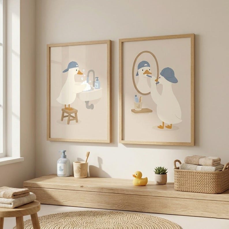 Set of 2 Silly Goose Print, Silly Goose Wall Art, Boy Nursery Decor, Funny Bathroom, Wash Your Hand, Brush Your Teeth Goose Art image 11