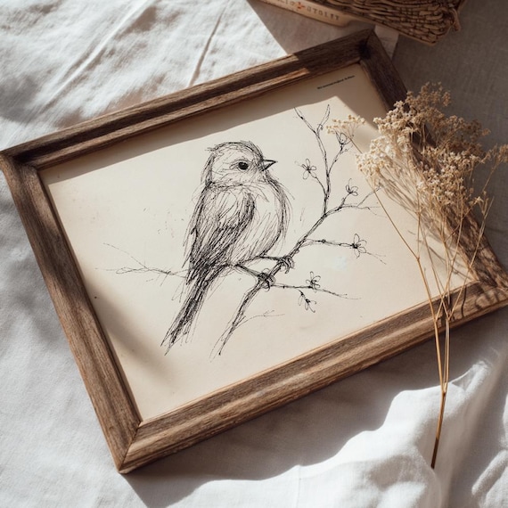 Vintage Bird Sketch Print, Black And White Art, Woodland Wall Decor, French Country, Rustic Farmhouse Beige Decor - No Frame