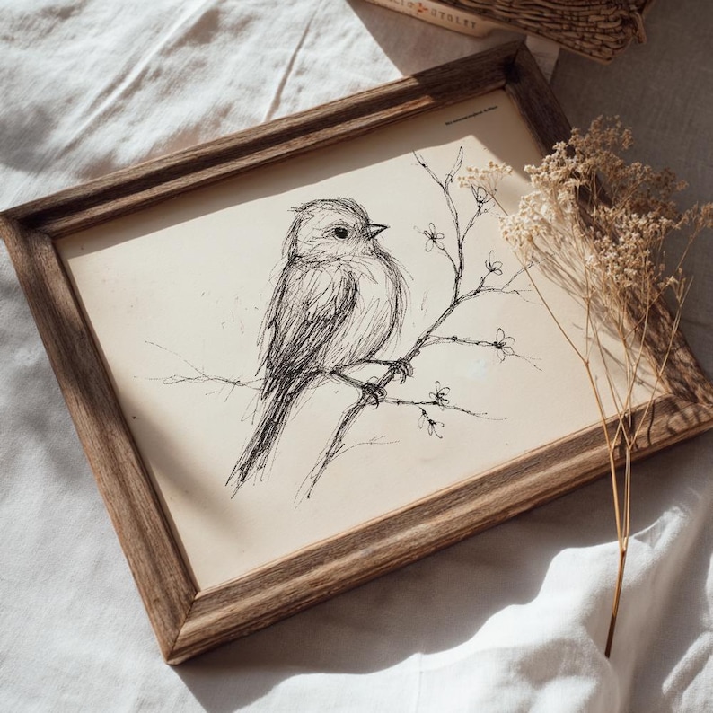 Op de afbeelding: Een zwart-witte inkttekening van een kleine vogel die op een tak zit met delicate bloemen. De tekening is ingelijst in een rustiek houten frame.