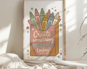 Arte mural retro divertido con crayones, decoración infantil original para el cuarto de juegos, decoración infantil, impresión de crayones de colores, impresión inspiradora para niños