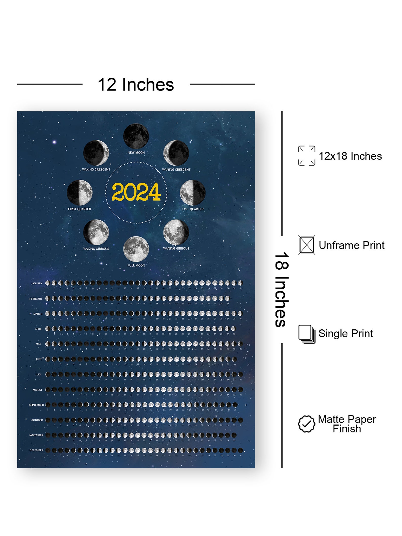 12 X 18 Moon Phase 2024 Poster, Moon Calendar 2024 Poster, Lunar