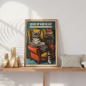 Cat Reading Poster, Wake Up and Read Art, Reading Art, National Library, Cute Cat Print - No Frame