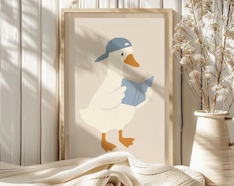 Impressão de Ganso Bobo, Arte de Parede com Ganso Bobo, Decoração para Quarto de Menino, Arte Infantil para Menino, Animal de Fazenda, Ganso Lendo, Decoração Estilo Campestre