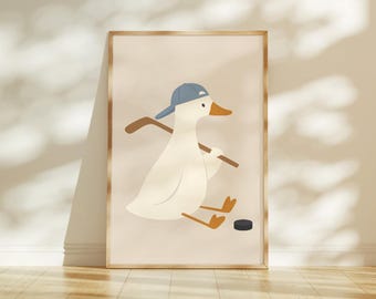 Impression Silly Goose, impression d'art mural Silly Goose, décoration de chambre d'enfant, oeuvre d'art pour tout-petit garçon, animal de la ferme, oie jouant au hockey, décoration de base de chalet