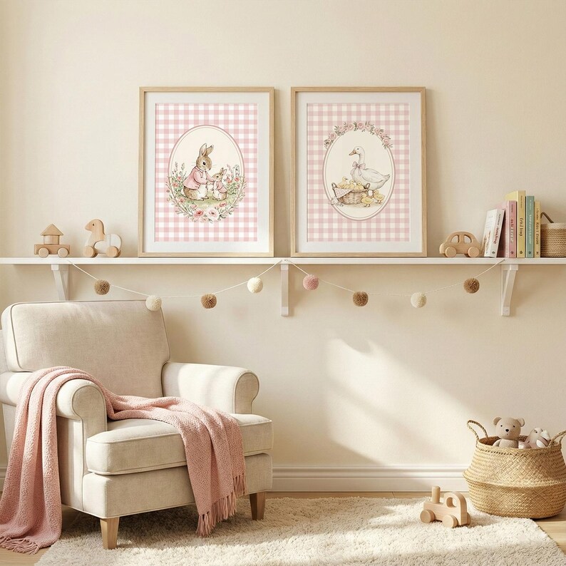 Bunny and Silly Goose Nursery Wall Art Set, Vintage Cottagecore Rabbit ...