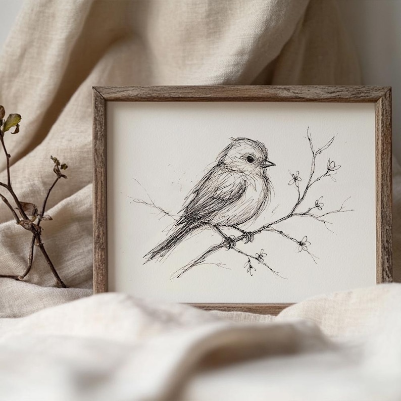 Op de afbeelding: Een zwart-witte inkttekening van een kleine vogel die op een tak zit met delicate bloesems. De vogel kijkt naar rechts en heeft een rond lichaam en een lange staart. De tekening is ingelijst in een eenvoudige houten lijst.