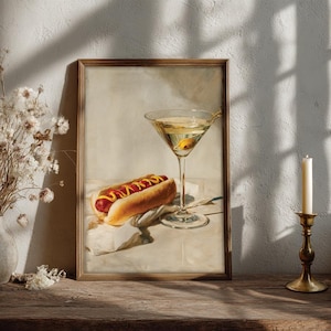 Hot Dog and Dirty Martini Poster, Food and Drink Art, Oil Painting, Housewarming, Cocktail Cart Decor, Fast Food - No Frame