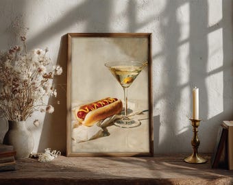 Hot Dog and Dirty Martini Poster, Food and Drink Art, Oil Painting, Housewarming, Cocktail Cart Decor, Antique Bar Cart - No Frame