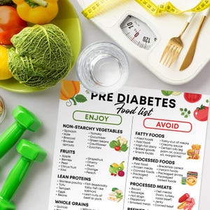 May include: A white and green printable food list for people with pre-diabetes. The list is divided into two sections: "Enjoy" and "Avoid". The "Enjoy" section lists foods that are good for people with pre-diabetes, such as non-starchy vegetables, fruits, lean proteins, whole grains, and healthy fats. The "Avoid" section lists foods that are not good for people with pre-diabetes, such as fatty foods, processed foods, and processed meats.