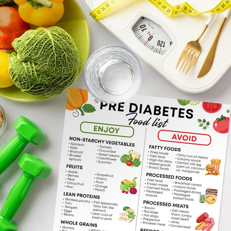 May include: A white and green printable food list for people with pre-diabetes. The list is divided into two sections: "Enjoy" and "Avoid". The "Enjoy" section lists foods that are good for people with pre-diabetes, such as non-starchy vegetables, fruits, lean proteins, whole grains, and healthy fats. The "Avoid" section lists foods that are not good for people with pre-diabetes, such as fatty foods, processed foods, and processed meats.